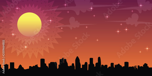Fotografie A vibrant cartoon illustration depicting a city skyline silhouette against a gradient twilight sky, featuring a large stylized moon with a radiant halo and numerous twinkling stars