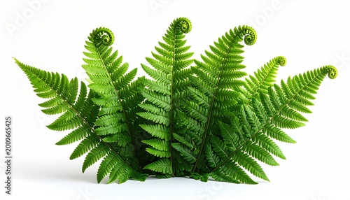 Lush green fern fronds unfurl in spiral patterns against a clean white background