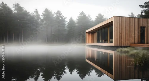 Fototapeta samoprzylepna A minimalist wooden cabin features large glass windows and modern architectural design creating a sophisticated living space for luxury relaxation