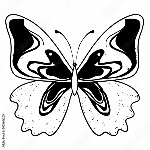 Black and white butterfly illustration with abstract wing patterns