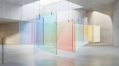 Harmonious display of suspended pastel-colored translucent panels creating an ethereal light art installation in a minimalist modern gallery space