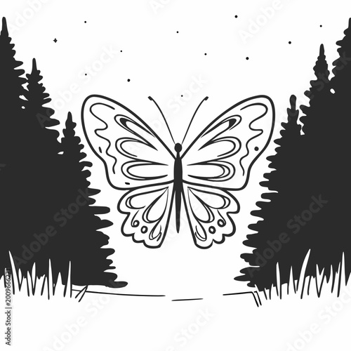 Black and white illustration of a butterfly in a forest with trees and grass