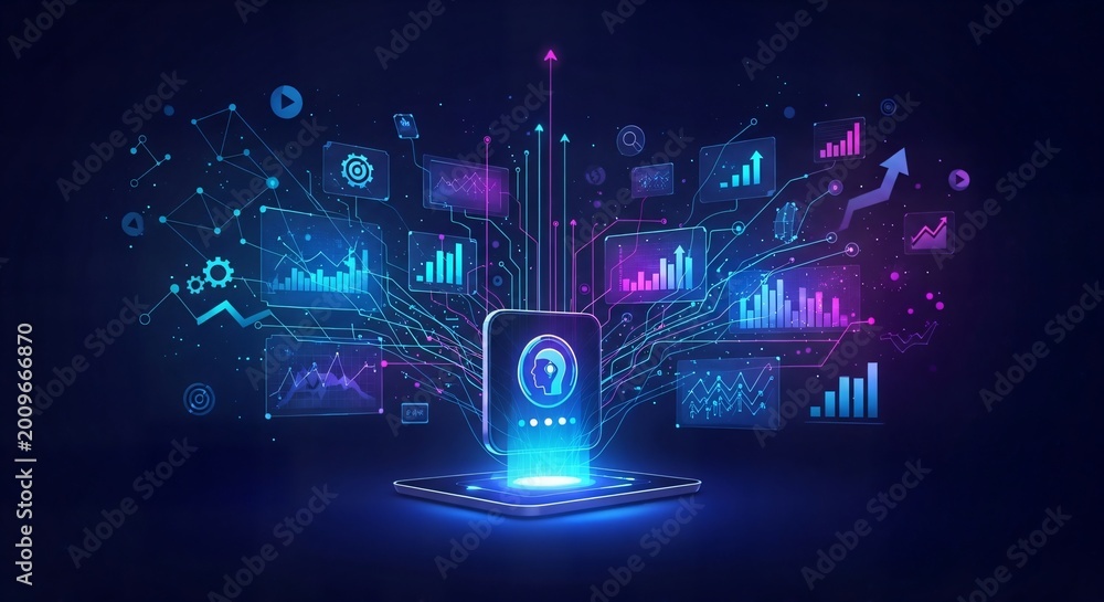 Obraz premium Digital network interface connecting data analytics charts and graphs with futuristic glow on dark background
