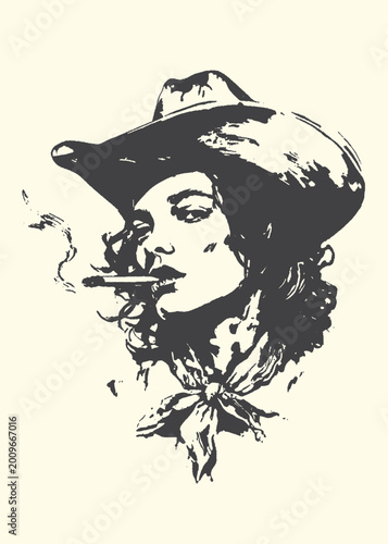 Cuadro en lienzo Cowgirl with cowboy hat and bandana smoking a cigarette independent illustration