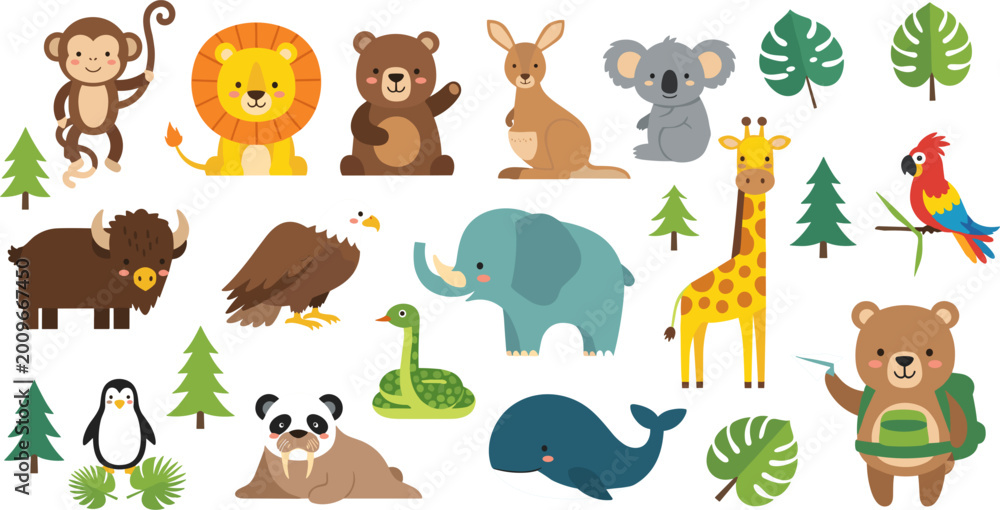 Obraz premium Cute Cartoon Wild Animal Collection Set with Lion Elephant Giraffe and Ocean Creatures for Kids and Children Illustration Design