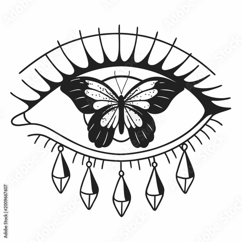 Black and white illustration of an eye with a butterfly and gemstones