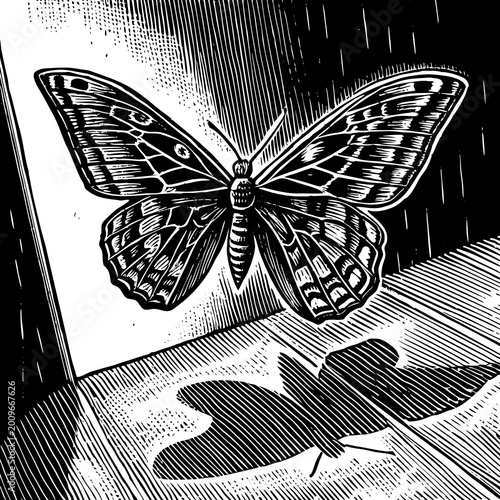 A black and white illustration of a butterfly on a surface with its shadow cast on the ground