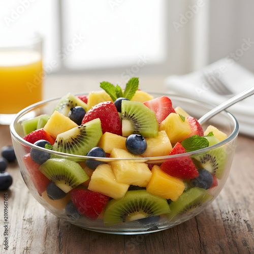 A bowl of fresh fruit salad with kiwi pineapple strawberries and blueberries