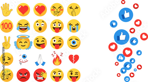 Colorful Social Media Emoji and Reaction Icon Collection Set with Like Love and Emotion Symbols for Digital Design