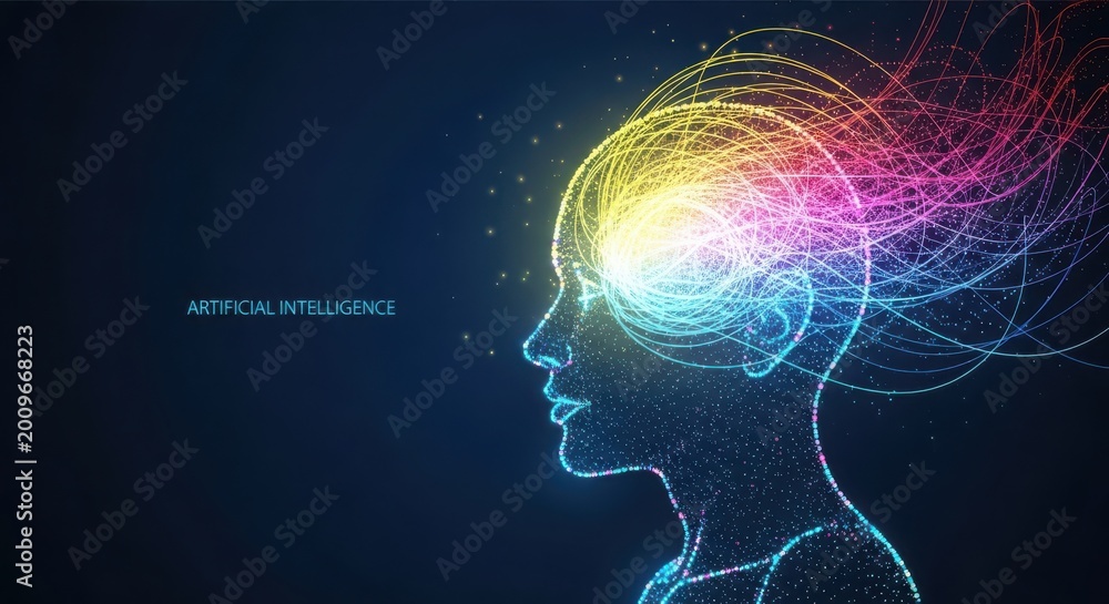 Obraz premium Human Head Silhouette with Colorful Neural Network Rays in Dark Digital Background