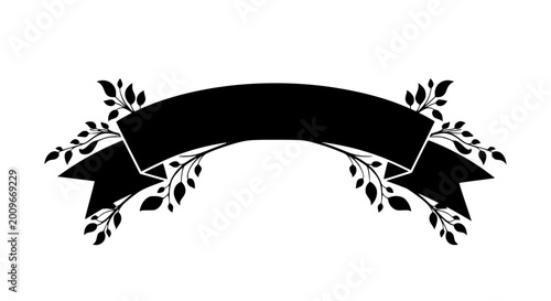 Black Arched Ribbon Banner Silhouette with Decorative Leaf Branches