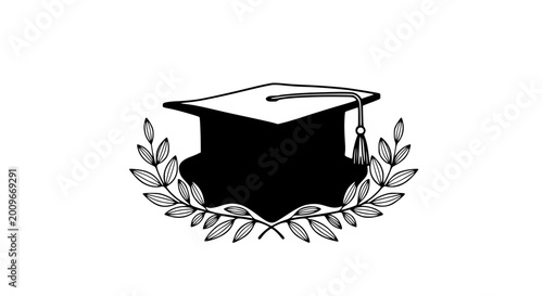 Graduation cap with laurel wreath illustration for educational success and achievement