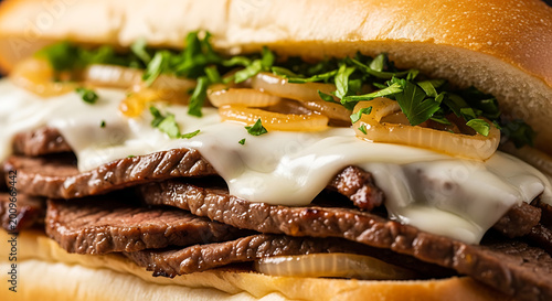 Delicious cheesesteak sandwich with onions and herbs