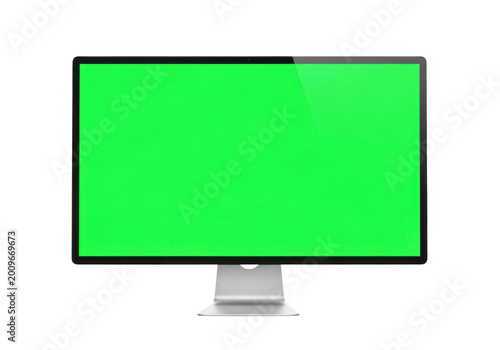 Modern computer monitor with green screen isolated on transparent background
