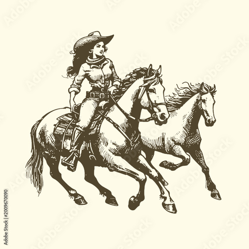 Cuadro en lienzo Illustration of a cowgirl riding two horses with equestrian outdoors adventure i