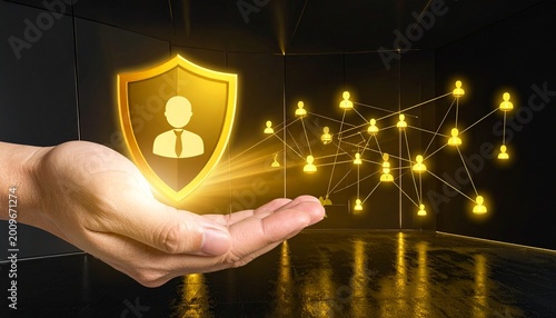 Hand holding golden shield secure digital identity network