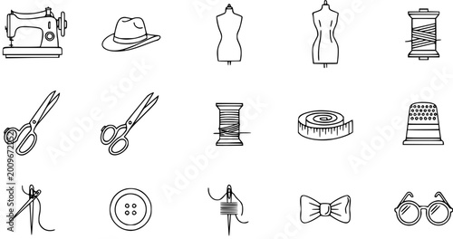 Foto Sewing and Tailoring Tools Line Art Icons Set