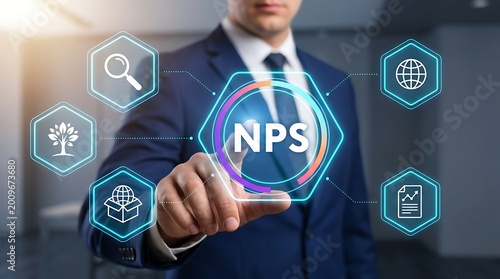 A businessman touches a glowing digital interface displaying NPS text symbolizing customer satisfaction and net promoter score.