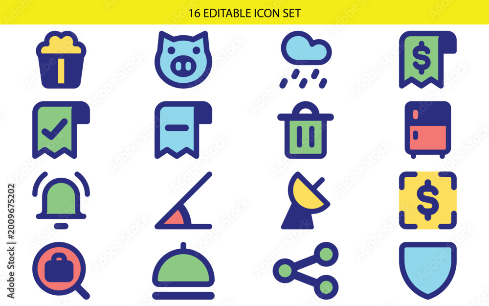 Fototapeta premium Editable business icons set, 14 commercial symbols, finance and shopping vector graphics