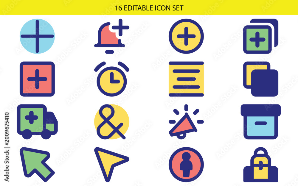 Fototapeta premium Editable icon set, 14 commercial symbols, business and productivity icons, navigation and security graphics