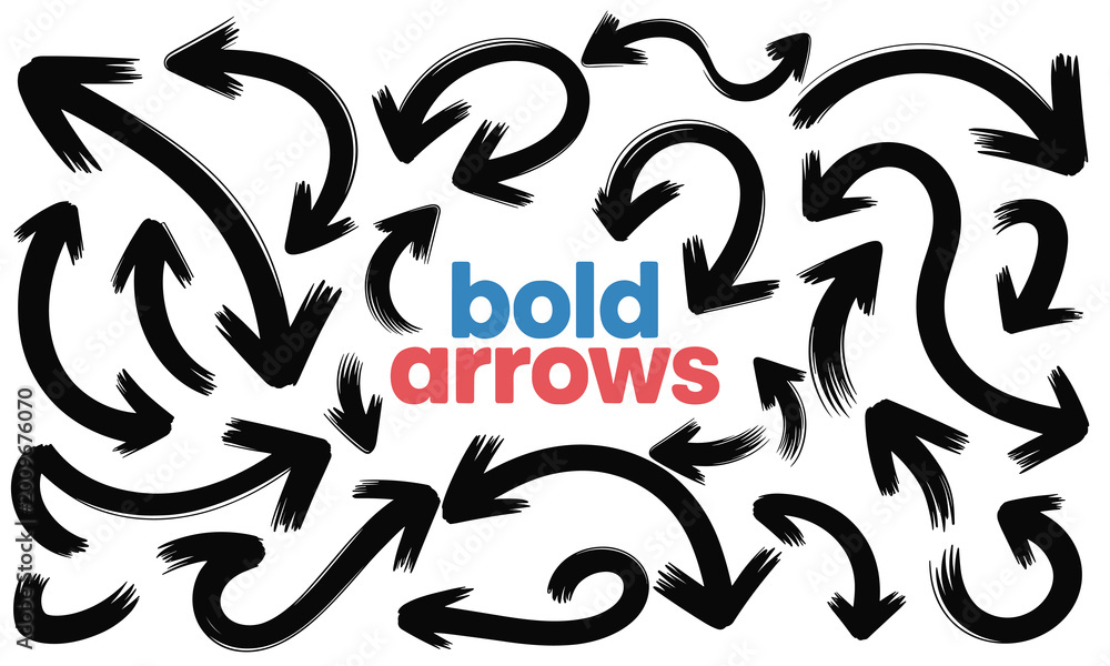 Obraz premium Bold black arrow icons set with curved directional pointers hand drawn style vector collection