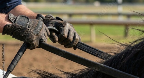 Man holding reins during horse racing event outdoors