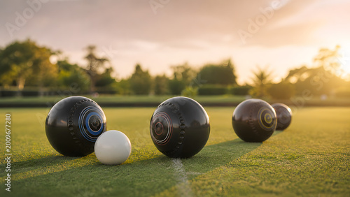 Lawn bowls and jack on green at sunset with warm golden light