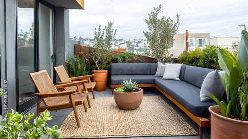 modern urban terrace with mid-century outdoor furniture and city view