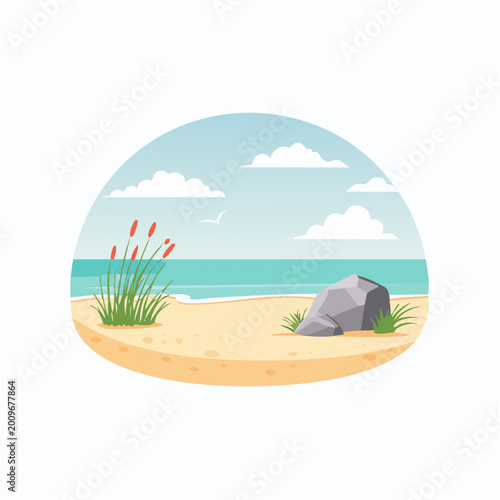 Cartoon Beach Scene with Ocean, Sand, and Sky