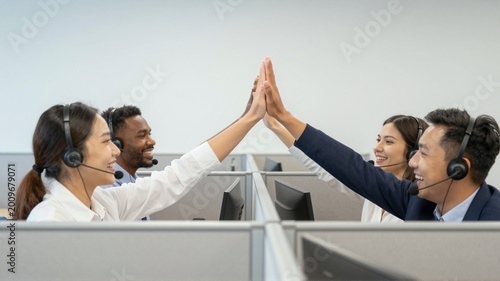Call center workers high-fiving in office