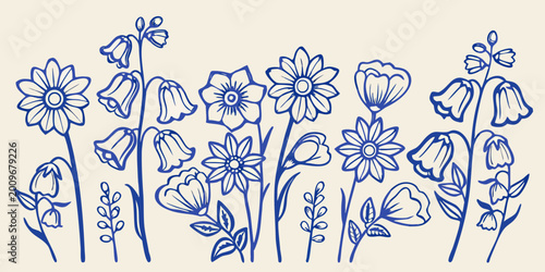 Foto Stylized floral arrangement of blue line art flowers and leaves on a cream backg