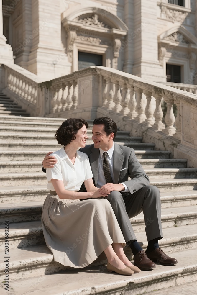 Fototapeta premium Smiling Couple on Palace Stairs