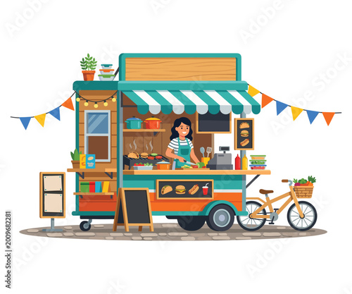 Food Truck Delight: A vibrant food truck, bustling with energy, serves up delicious treats. This captivating scene showcases a chef at work, with charming decor.