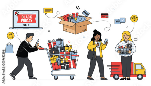 Black Friday Sales Frenzy: Shoppers navigate the excitement of Black Friday sales, exploring online and offline deals, with a focus on commerce and consumerism.