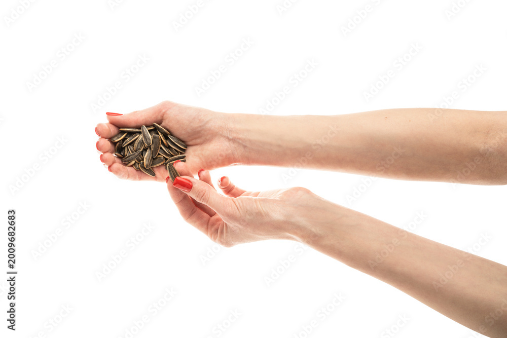 Fototapeta premium Female hand sunflower seeds on a white background isolation