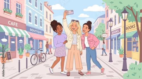 three diverse girls taking selfies on vibrant city street with cafe and bookstore backdrop summer lifestyle