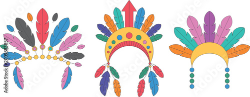 Schilderij op canvas Colorful Feather Headdress Collection with Tribal and Festival Headpieces Decora