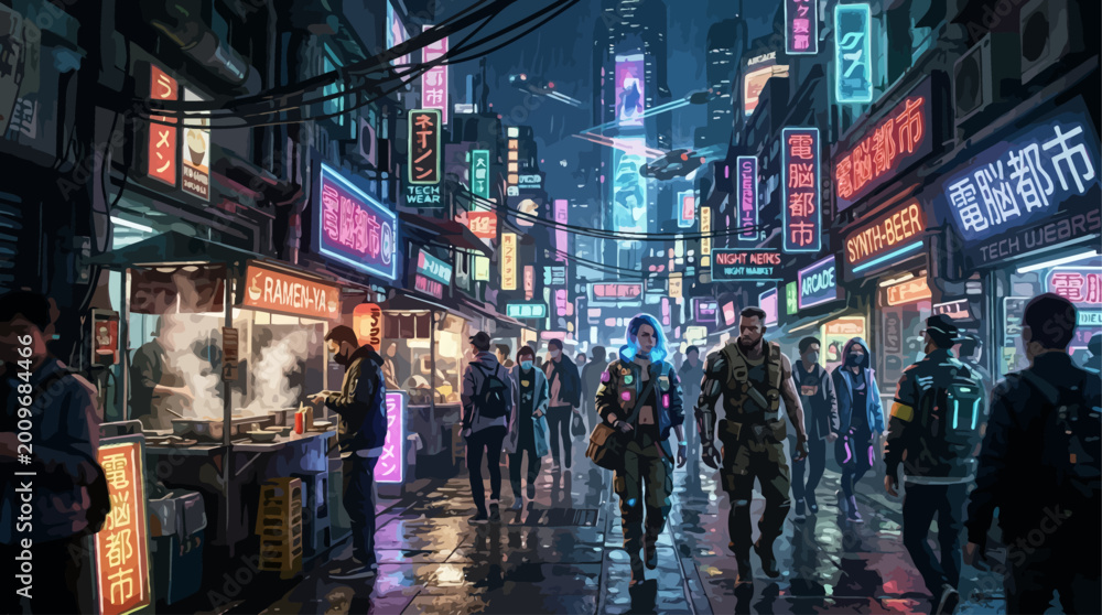 Obraz premium cyberpunk city street life at night with neon lights
