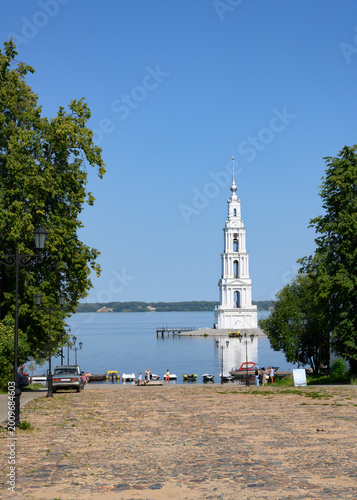 Volga River embankment and the bell tower of St. Nicholas Cathedral (built in 1800) remained after the flooding