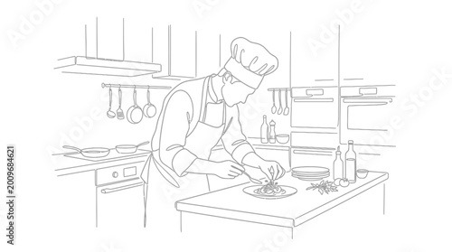 chef preparing food in kitchen, cooking illustration, line art