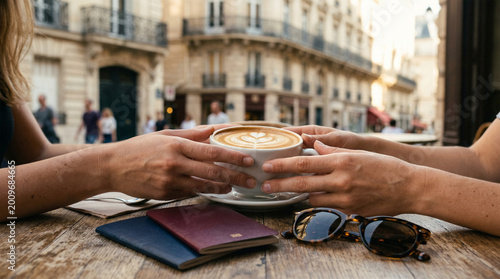 Hands holding coffee with passports on table in European city