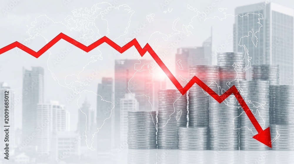 Obraz premium recession, financial crisis, economic crash, stock market, decrease, inflation, global economy impact showing a red falling arrow over silver coin stacks and blurry city skyline.