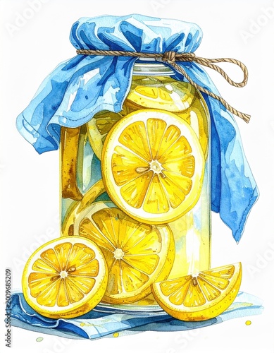 A watercolor illustration of a glass jar filled with lemon slices and liquid, topped with a blue cloth tied with a string, placed on a matching cloth beneath it.