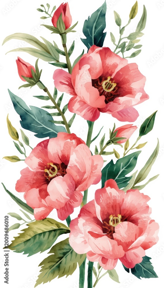 Fototapeta premium A delicate watercolor painting of pink flowers with green leaves and buds, showcasing soft petals and vibrant natural colors.