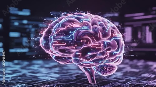 Glowing pink and blue brain with neon circuits on a dark background