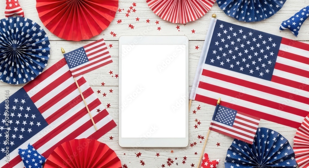 Obraz premium Festive independence day celebration american flags paper fans patriotic decor