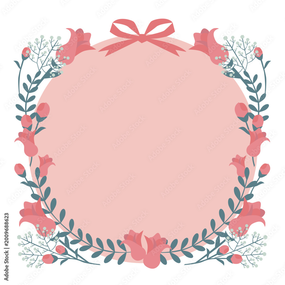 Fototapeta premium Pink Floral Wreath Frame with Ribbon – Oval Rose Garland on Pink Background for Valentine, Birthday Card & Romantic Design