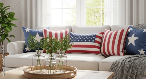 Festive independence day home decor patriotic pillows and summer living room setup
