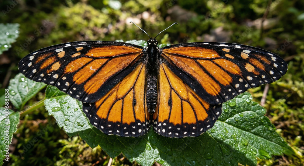 Obraz premium Close-up of a butterfly resting on a green leaf with wings open showing patterns