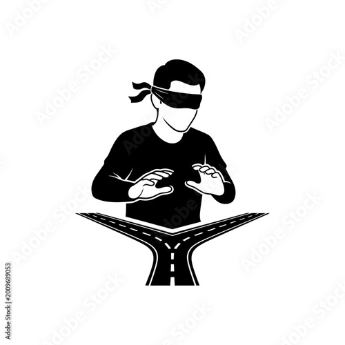 Blindfolded person facing a diverging road symbolizing choice.